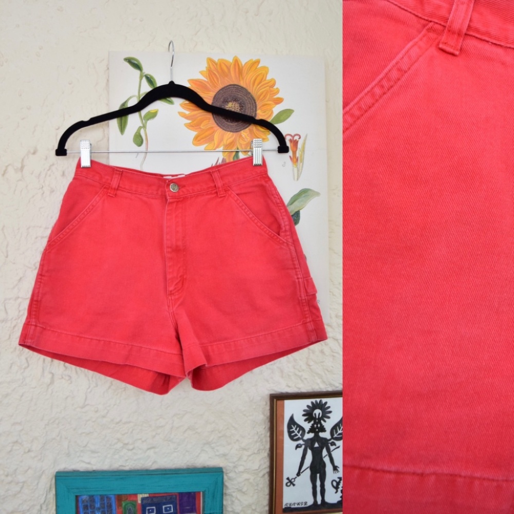 80s faded red high waisted denim carpenter cargo shorts (27”)